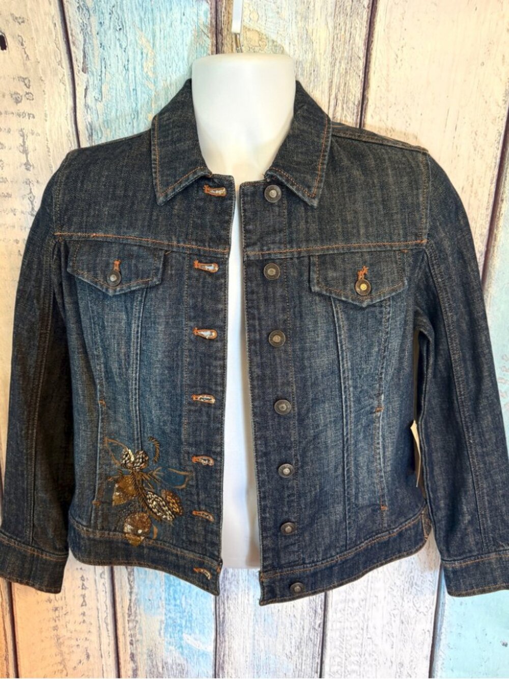 Coldwater Creek Embellished Denim Jacket – Dark Wash, Floral Sequin 6P NWT